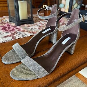 Nine West Sparkle Ankle-Strap Block Heels in Silver